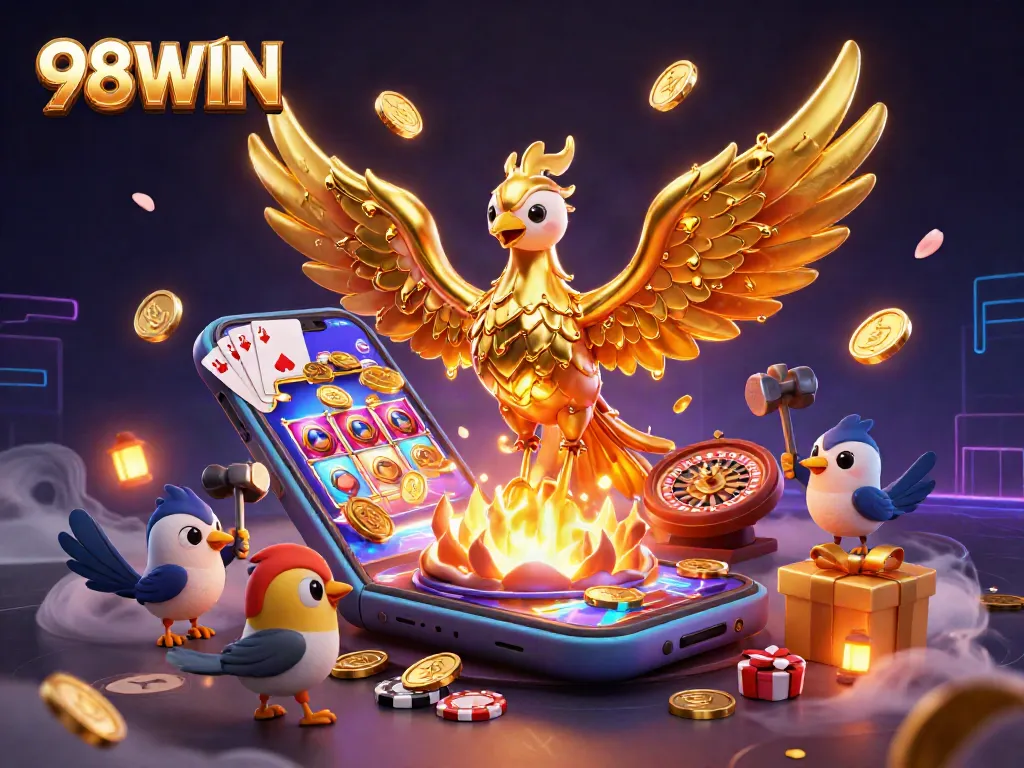 Join the excitement of 98WIN with a vibrant 3D illustration showcasing casino elements and a golden phoenix.