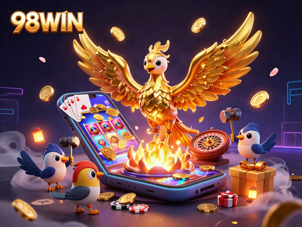 Join the excitement of 98WIN with a vibrant 3D illustration showcasing casino elements and a golden phoenix.