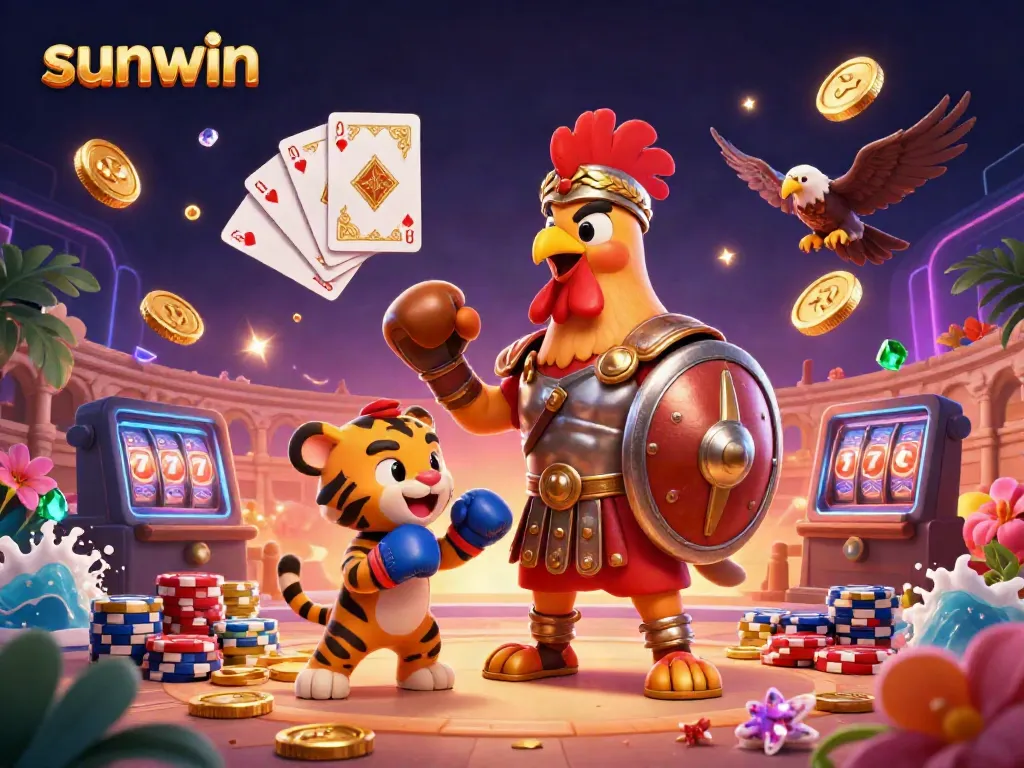 Experience thrilling gaming action at sunwin with a dynamic scene of epic characters and casino elements.