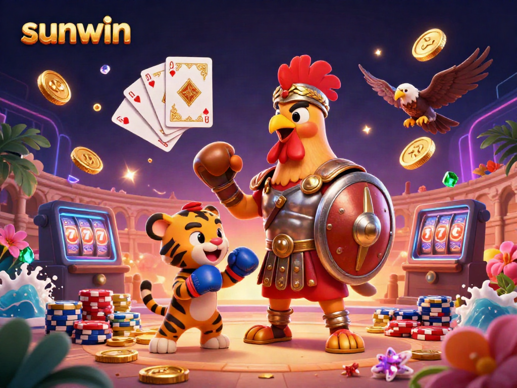 Experience thrilling gaming action at sunwin with a dynamic scene of epic characters and casino elements.