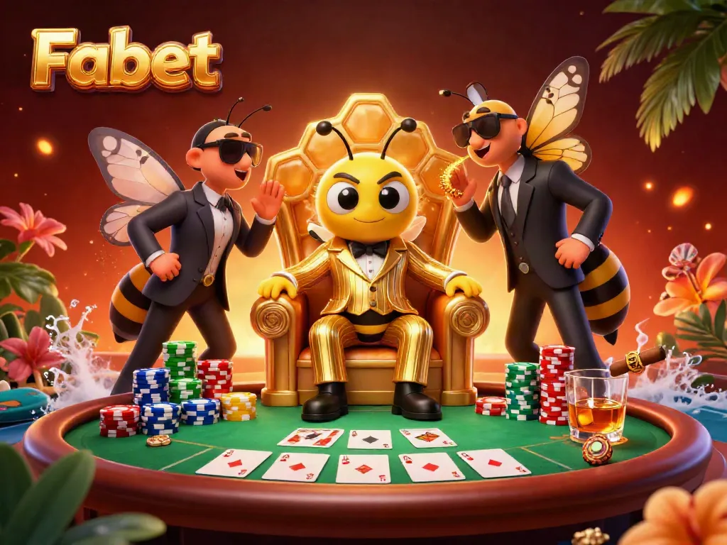 Fabet’s dynamic gaming scene showcases a cartoon bumblebee mob boss and poker elements, promoting thrilling casino action.