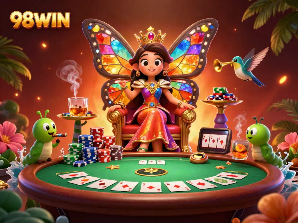 Engage in thrilling gameplay with 98WIN, featuring a vibrant casino scene full of characters.