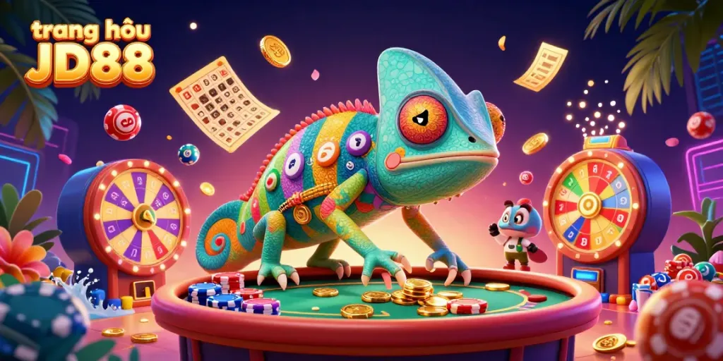 Engage in thrilling gameplay actions on the trang chủ JD88, featuring vibrant casino elements and lively characters.