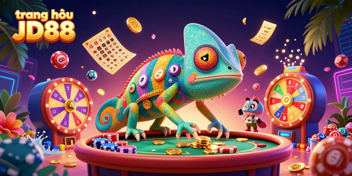 Engage in thrilling gameplay actions on the trang chủ JD88, featuring vibrant casino elements and lively characters.