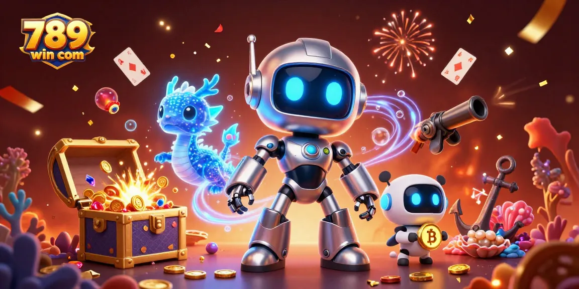 Experience the excitement of 789win com with a vibrant 3D cartoon illustration featuring a cyberpunk robot and magical elements.