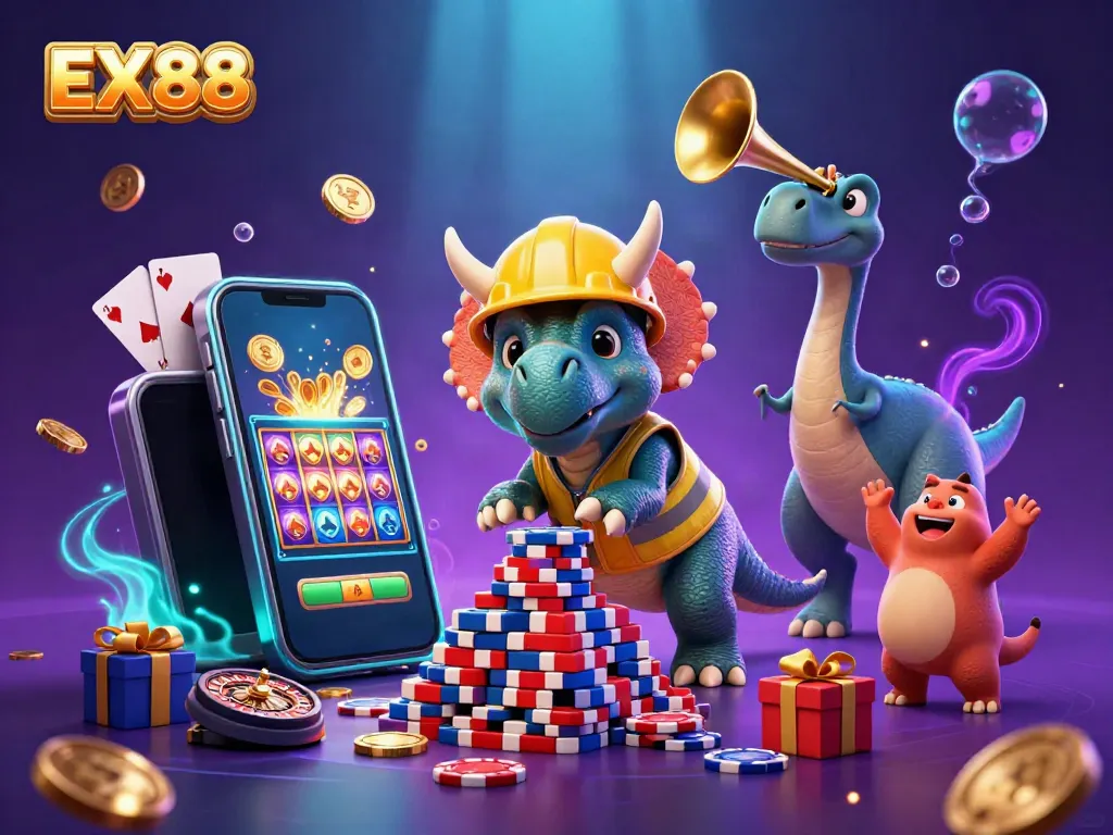 Engage with EX88's thrilling casino scene featuring vibrant characters and slot games.