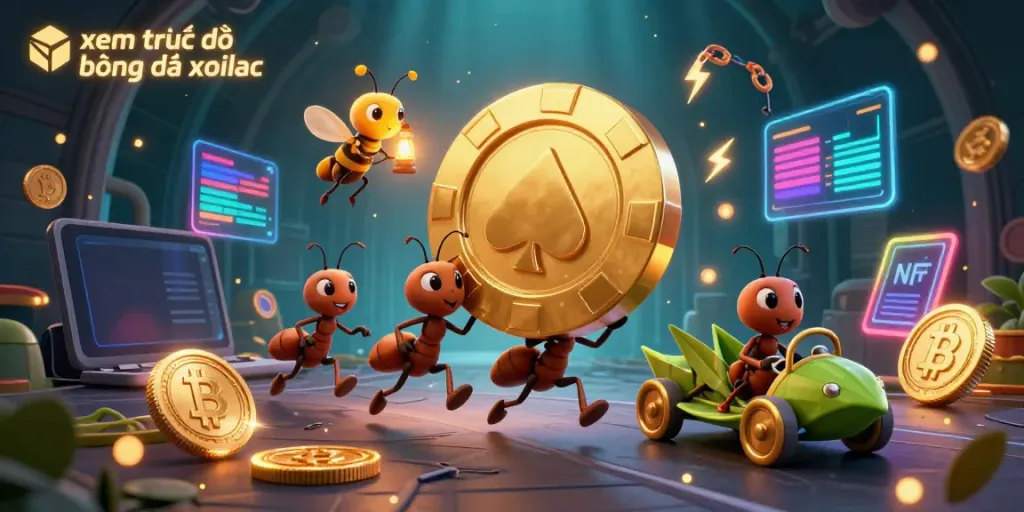 Experience xem trực tiếp bóng đá xoilac with a vibrant scene featuring a heist of a golden poker chip amidst digital cryptocurrencies.