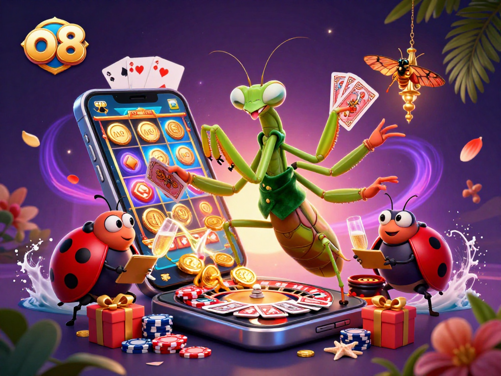 Play slots and win with o8 in a vibrant 3D casino scene, featuring card sharp and pit boss.