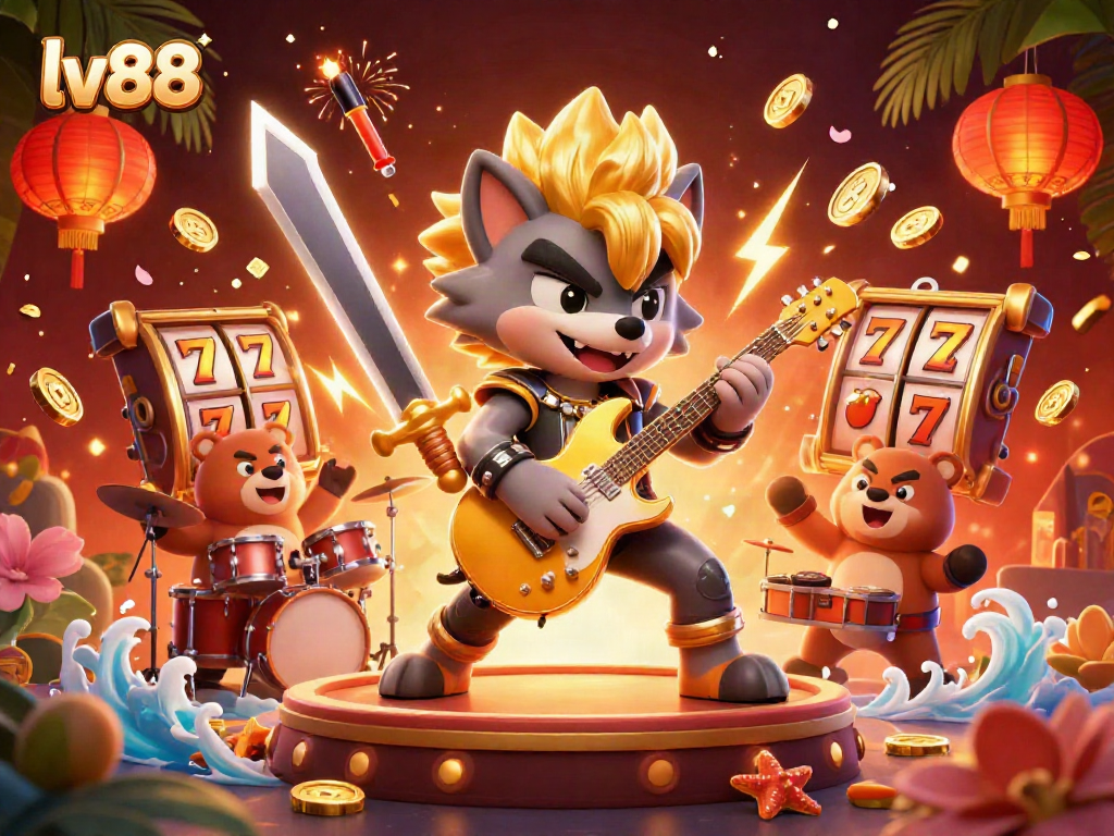 Experience excitement with lv88 slots featuring animated rock star wolf, vibrant casino scene.