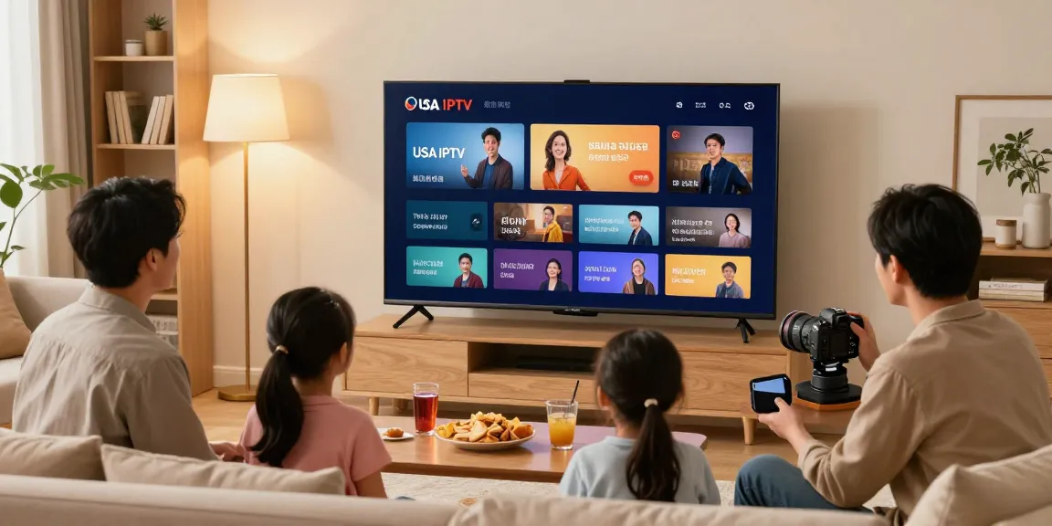Family enjoying USA IPTV entertainment in a cozy living room with a smart TV.