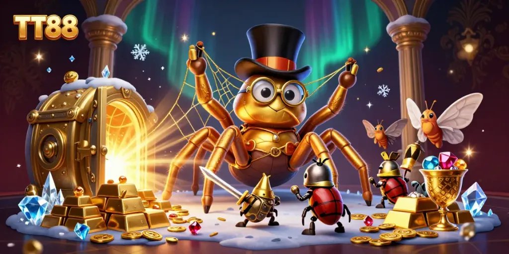 TT88 highlights a 3D golden tarantula weaving golden thread among casino symbols and treasures.