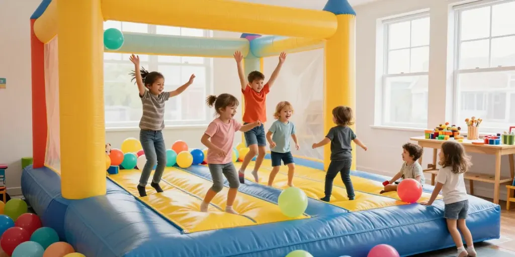 Children enjoying an indoor bounce house, laughing and playing joyfully in a vibrant playroom.