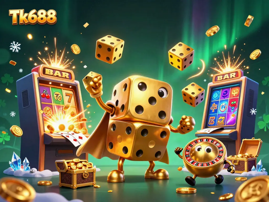 Experience the excitement of Tk688 with golden dice, vibrant slot machines, and a dynamic casino atmosphere bursting with action and rewards.
