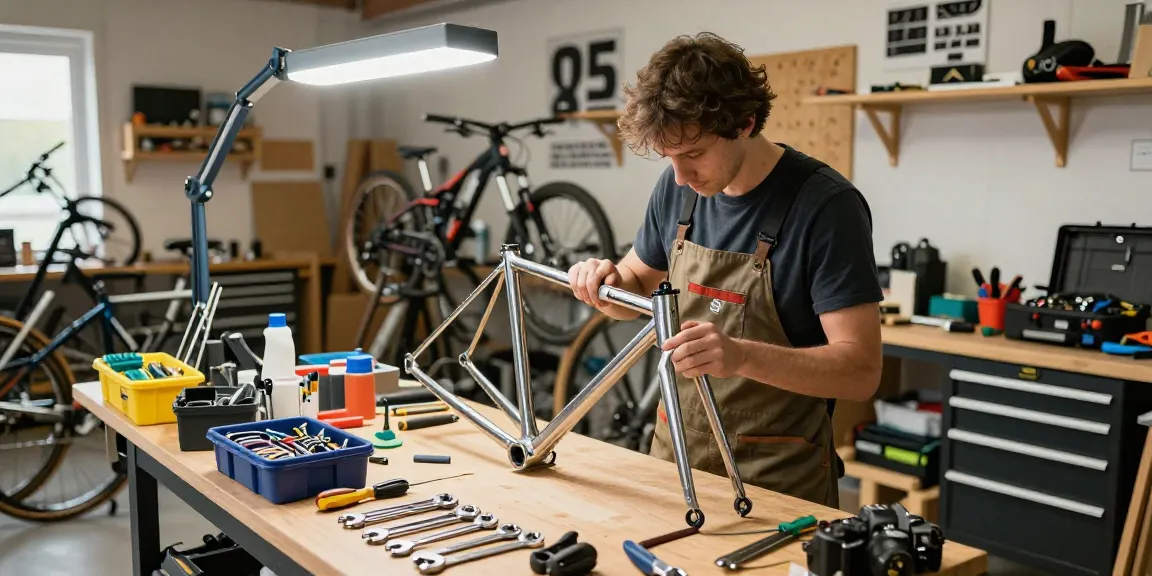 Professional tradesperson assembling a bicycle using ks tools in a well-lit workshop.