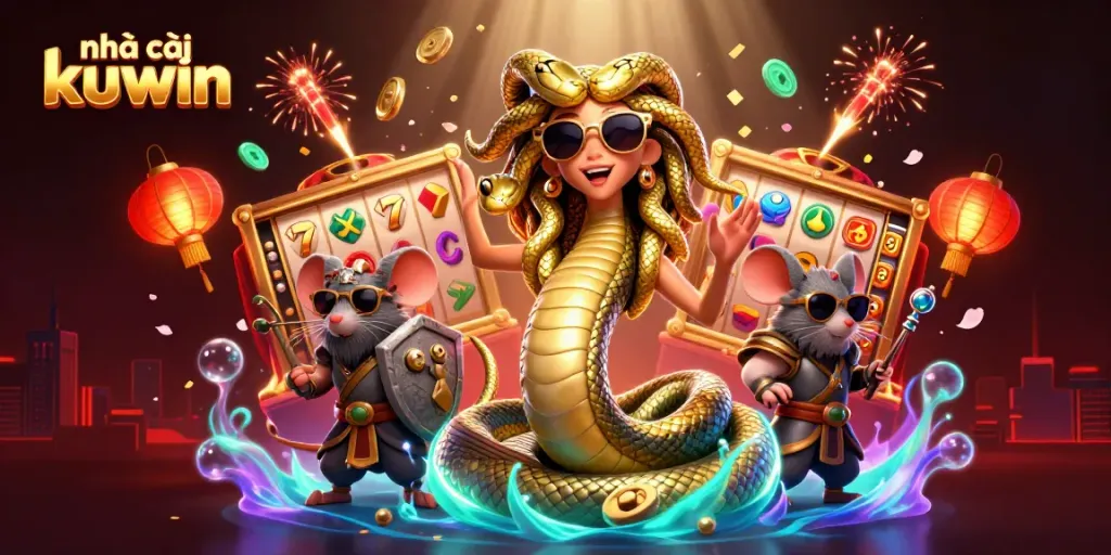 Engage with nhà cái kuwin's vibrant casino world through a colorful 3D digital illustration.