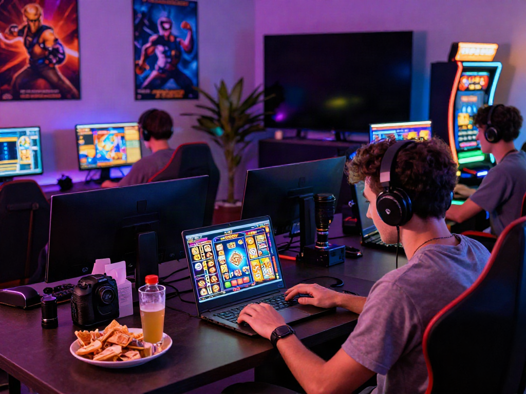 Youthful gamers on TX88 platform enjoying diverse online games while snacks and drinks add to the lively atmosphere.