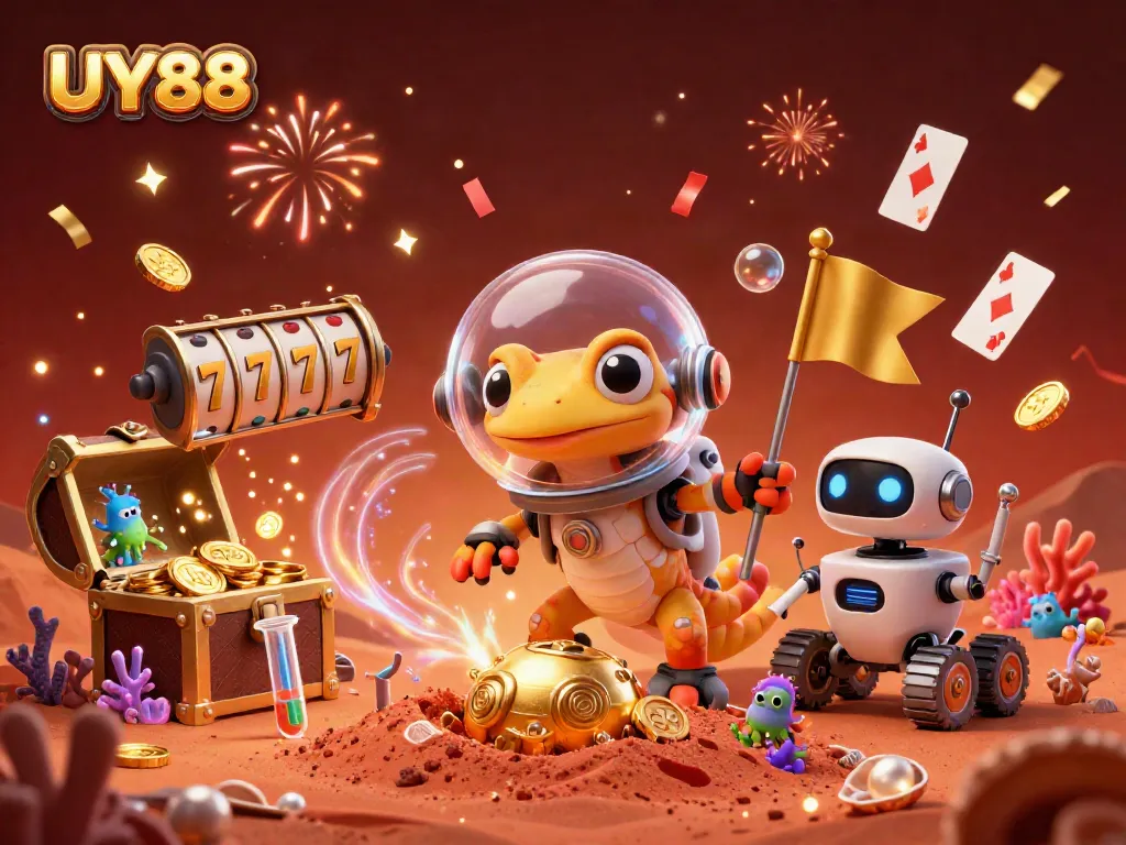 Experience thrilling wins with UY88 at a vibrant Martian casino, featuring colorful games and alien characters.