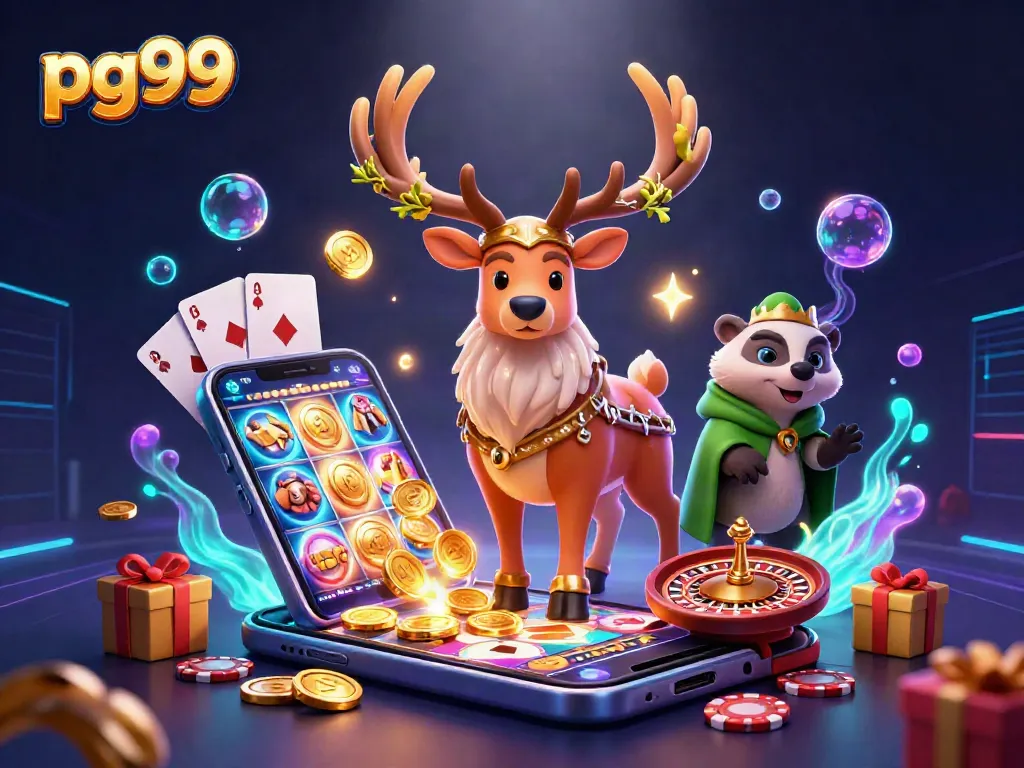 Engage with pg99 in a vibrant 3D illustration featuring rich casino elements and captivating characters.