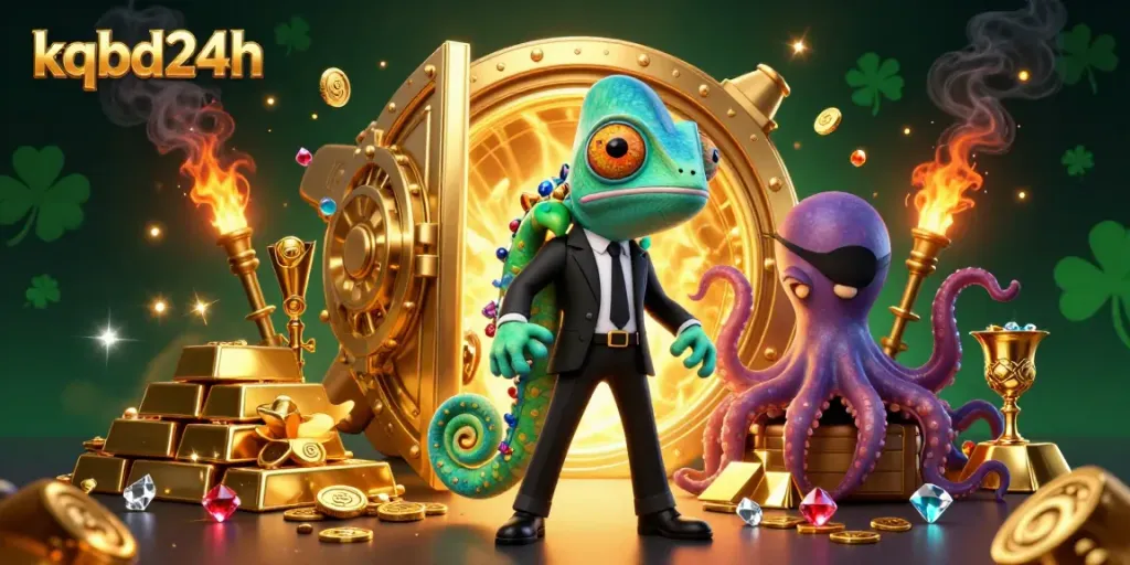 Experience the thrill of kqbd24h with a vibrant scene featuring a colorful secret agent chameleon, tech-savvy gecko, and villainous octopus amidst treasures.