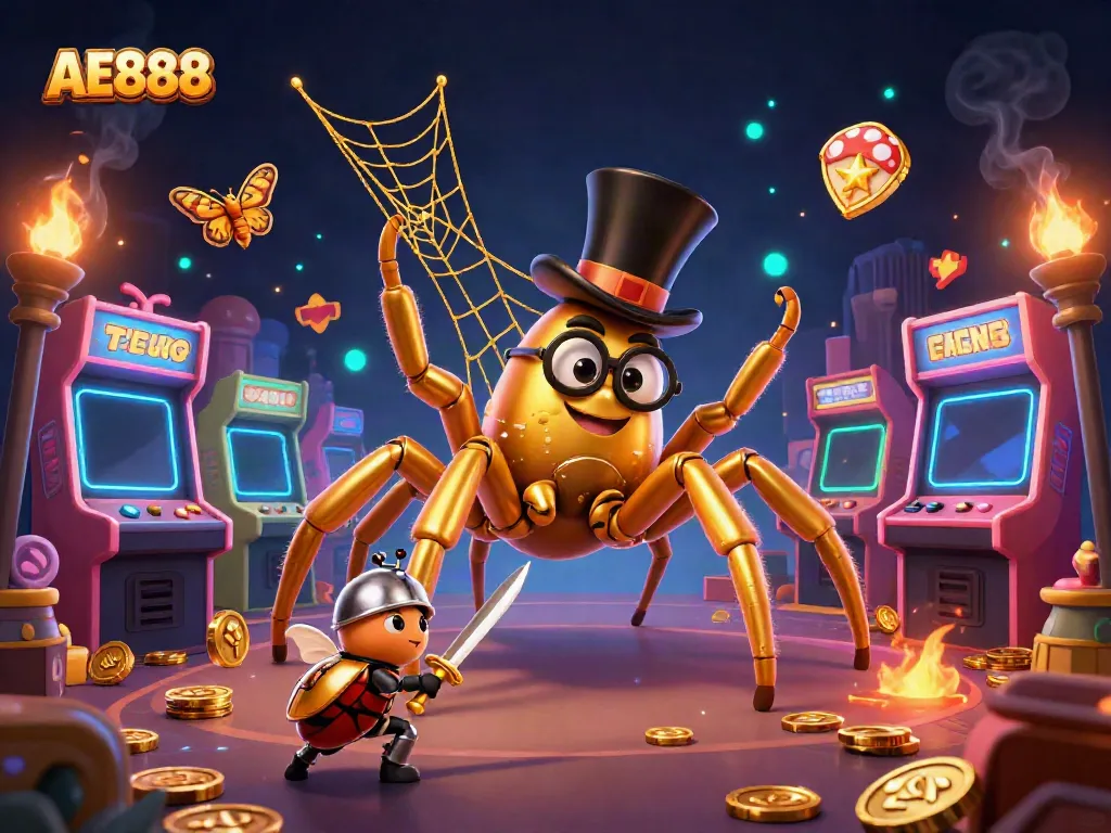 Engage with AE888's vibrant casino adventure featuring a golden tarantula and beetle knight.