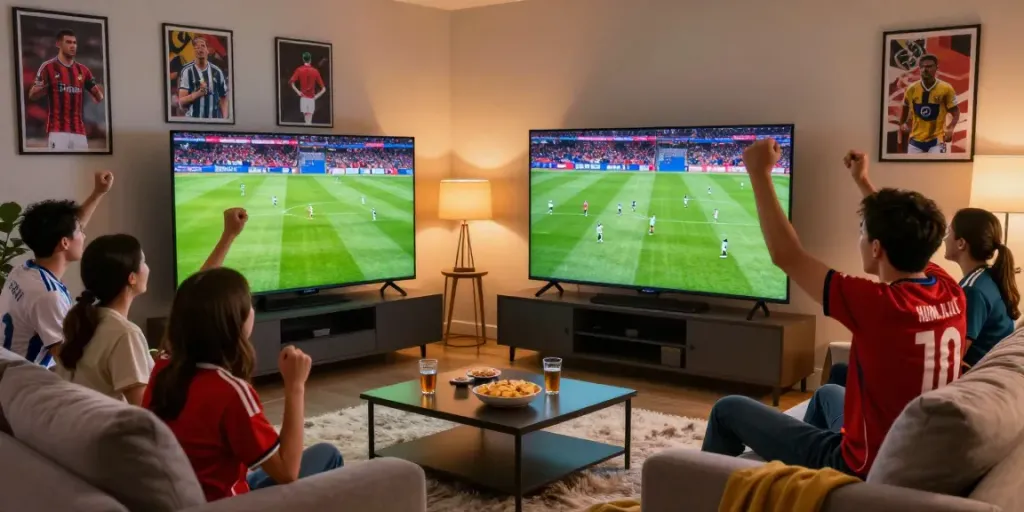 Cakhiatv live football viewing experience at home with fans enjoying the game.
