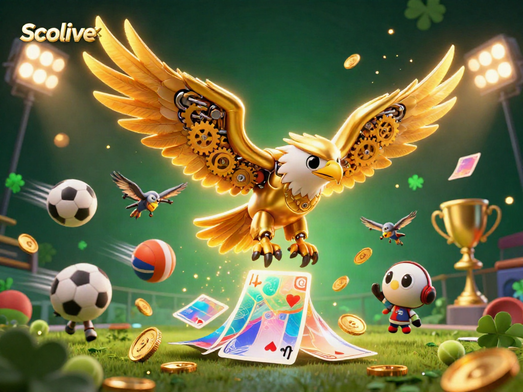 Socolive showcases a cybernetic eagle diving through holographic cards, blending sports and gambling.