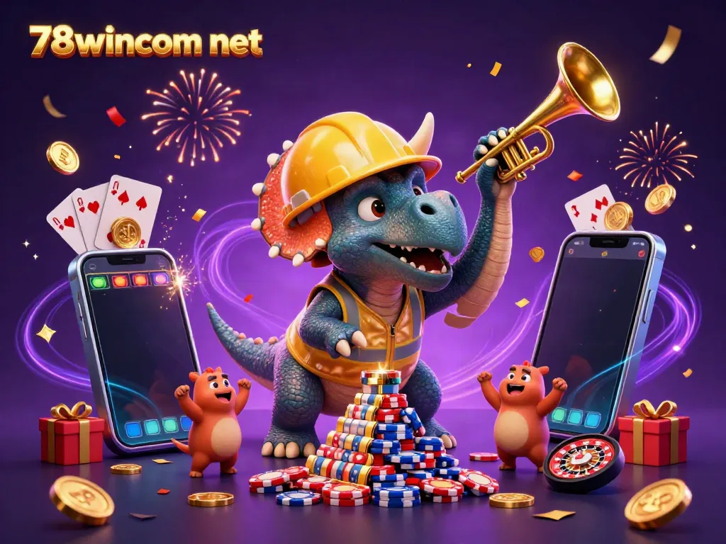 Celebrate winnings at 78wincom net with a thrilling 3D casino illustration of characters enjoying gaming elements.