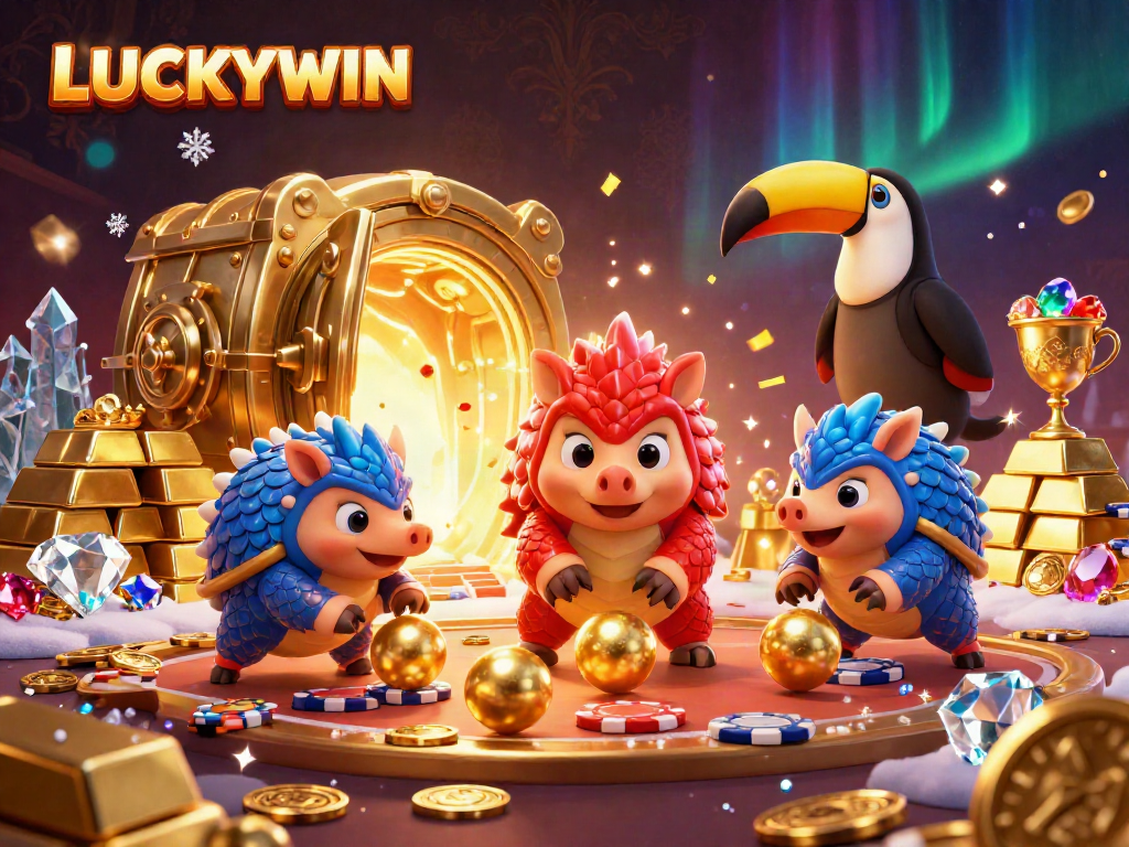 LUCKYWIN pangolins bowling through poker chips, vibrant casino atmosphere