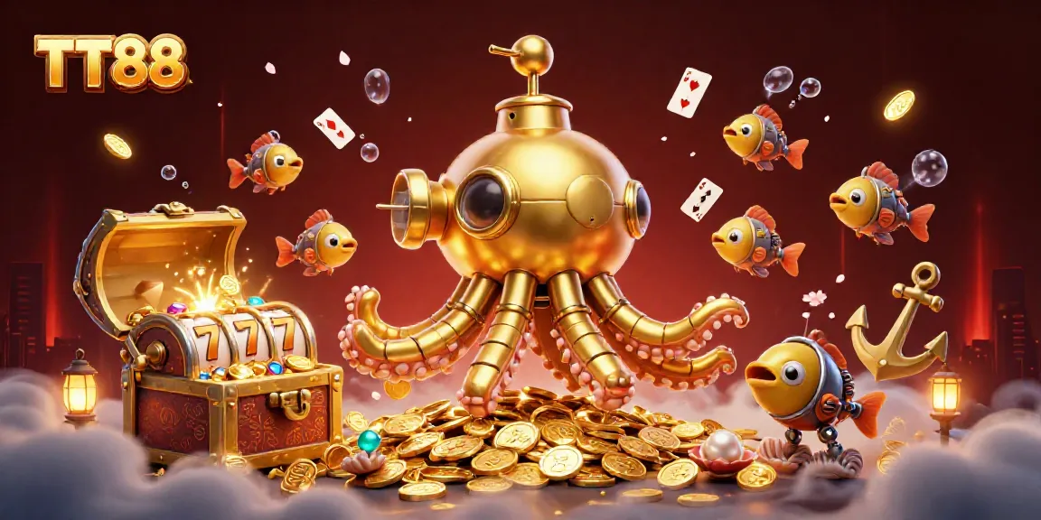 Experience TT88's vibrant gaming world with a golden kraken submarine amidst slots and treasure.