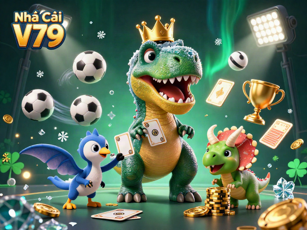 Experience the thrill of gaming with Nhà cái V79, featuring animated dinosaurs in a dynamic casino setting.