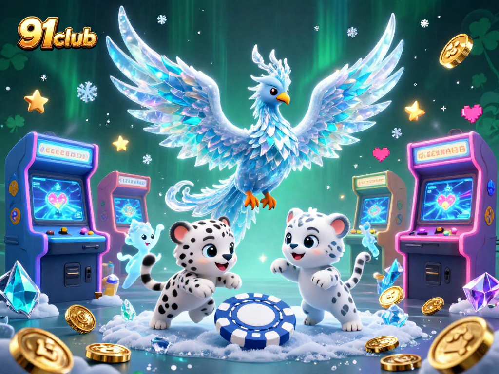 Engage in thrilling gaming action with 91club's vibrant ice-themed casino illustration.