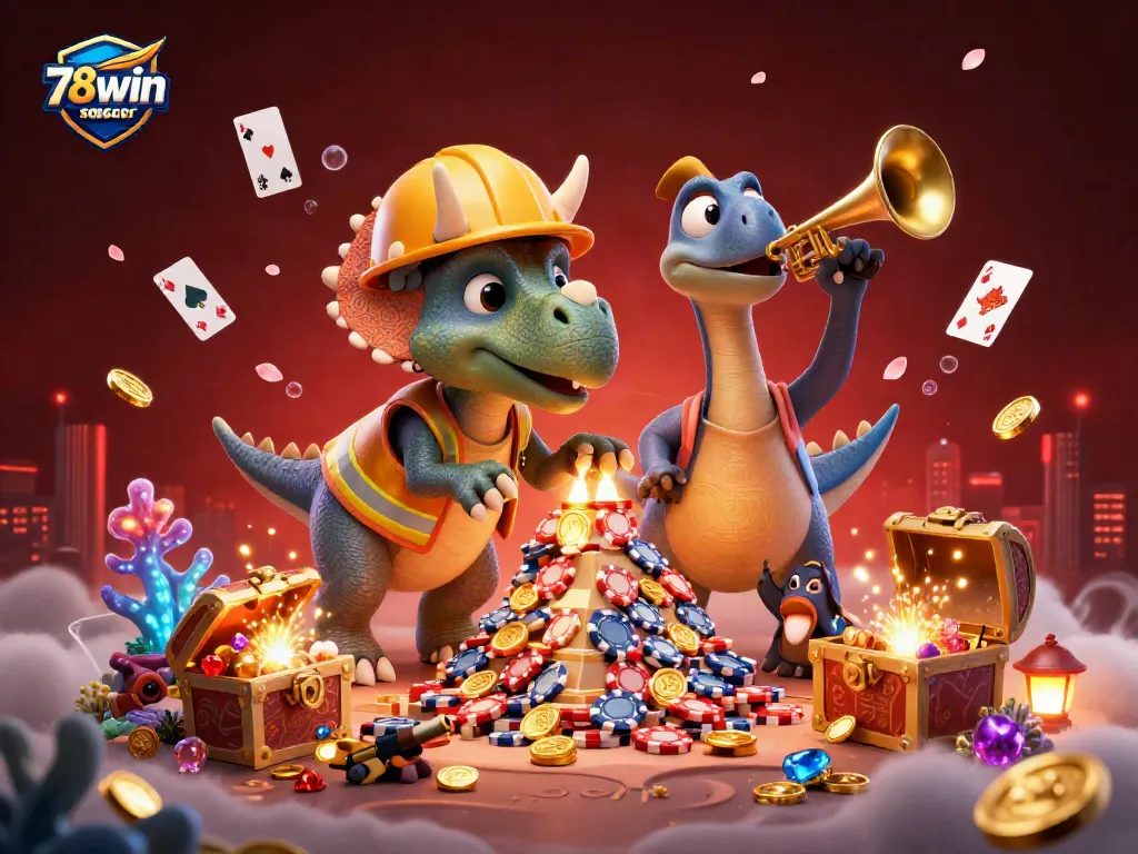 Join the excitement with 78win soccer as animated characters celebrate a big win surrounded by treasures at a casino.