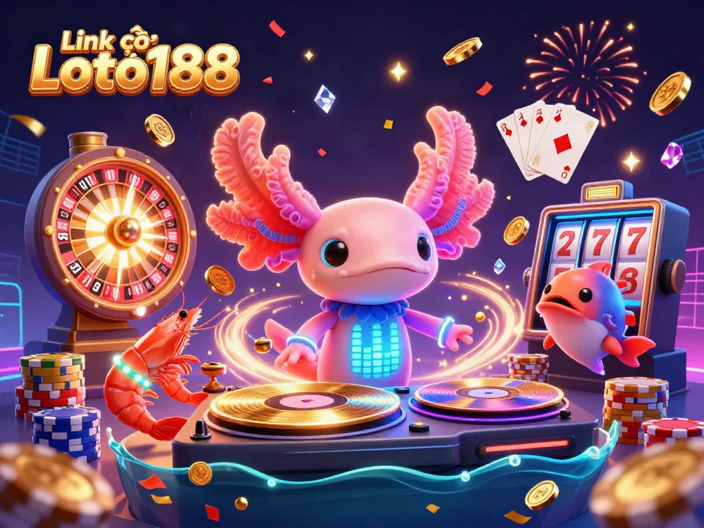 Experience the thrill with Link vào Loto188 as the neon-colored axolotl DJ spins records in a vibrant underwater casino scene.