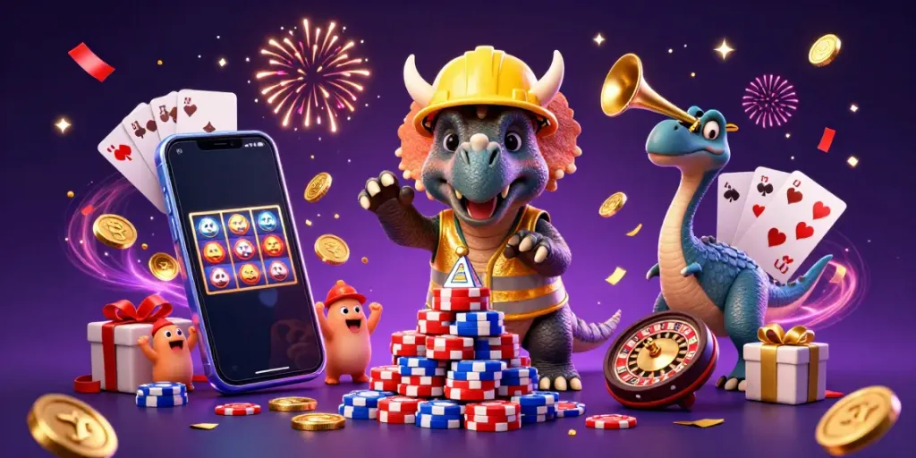 VIPWIN celebrates online gaming with a cheerful cartoon scene showcasing characters building poker chip pyramids amidst vibrant gambling elements.