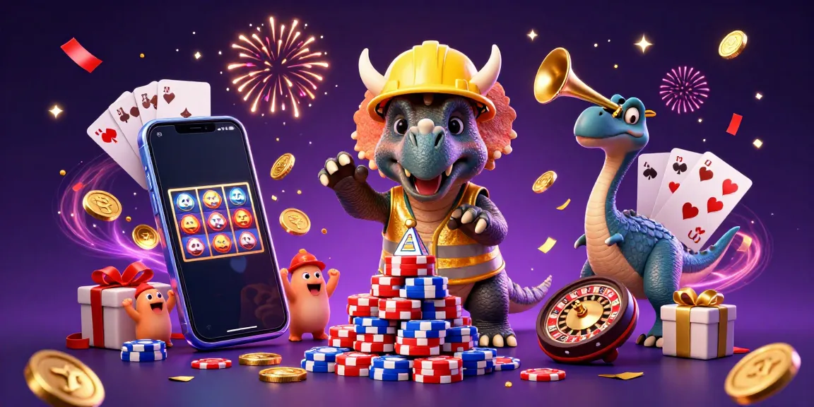 VIPWIN celebrates online gaming with a cheerful cartoon scene showcasing characters building poker chip pyramids amidst vibrant gambling elements.