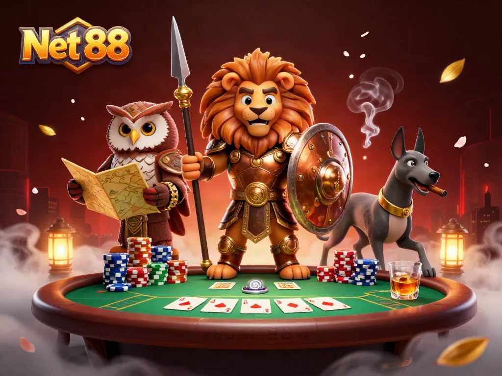 Engage with Net 88's thrilling poker action surrounded by vibrant characters and dynamic game elements.