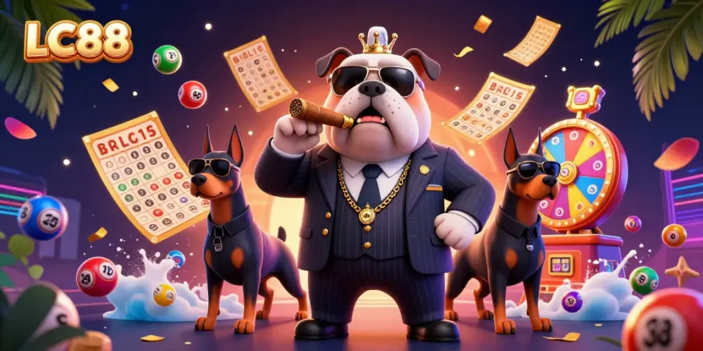Experience the excitement at LC88 with a vibrant 3D illustration of a mafia bulldog and bodyguard Dobermans surrounded by lively game elements.