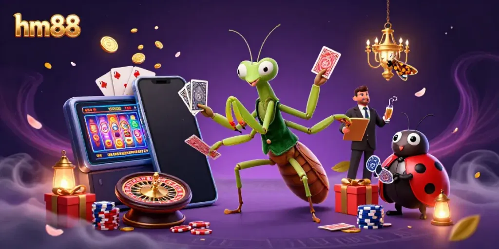 Experience the fun at hm88 with a 3D casino scene showcasing a mantis dealer, ladybug pit boss, and more!
