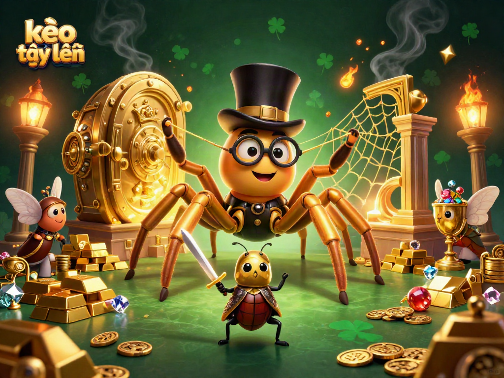 Engage with kèo trực tuyến in a vibrant, cartoonish casino scene featuring a golden spider and a brave beetle knight.