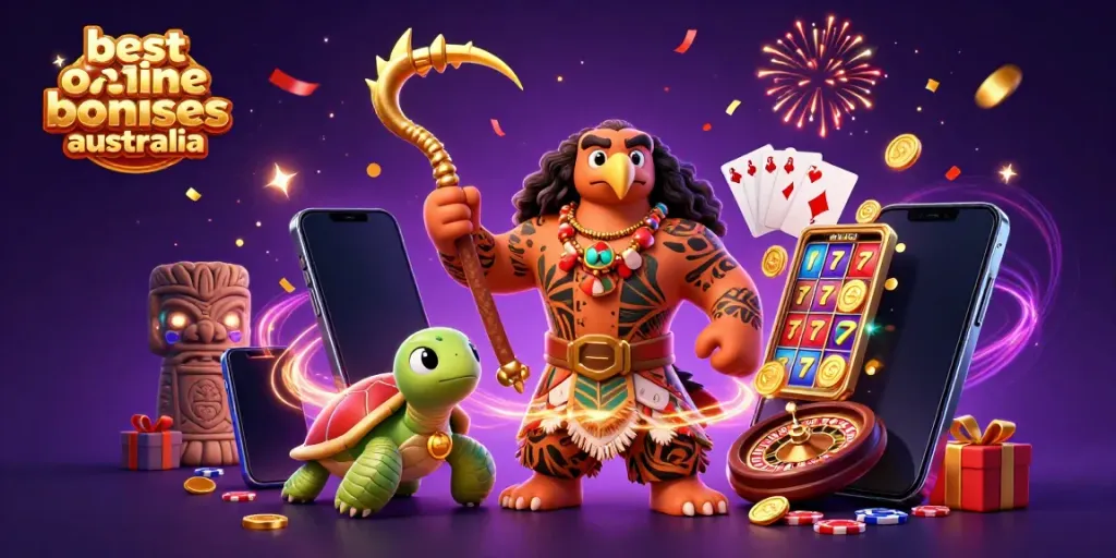 Experience the best online casino bonuses Australia with vibrant 3D characters celebrating wins and bonuses.