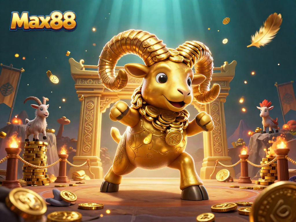 Experience the thrill of Max88 with golden ram charging through a casino arena, surrounded by vibrant game elements.