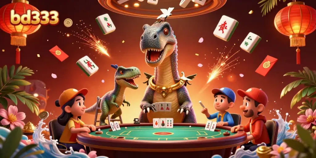 Experience thrilling gameplay at bd333 featuring a giant brontosaurus and clever raptor amidst dazzling casino elements.