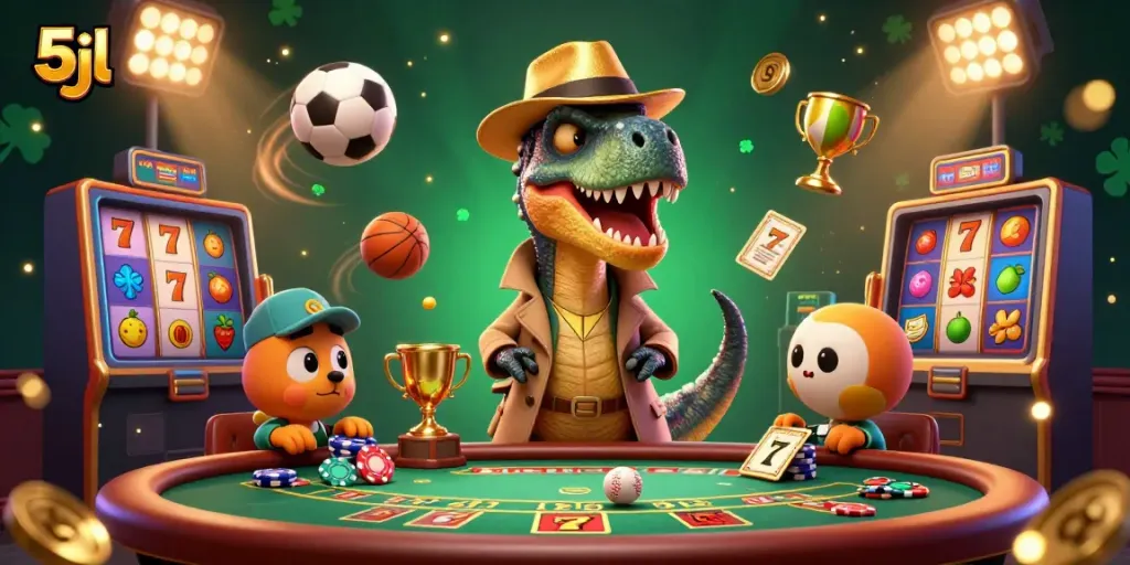 Experience thrilling gaming with 5jl as a velociraptor card counter interacts at the blackjack table in a vibrant 3D scene.