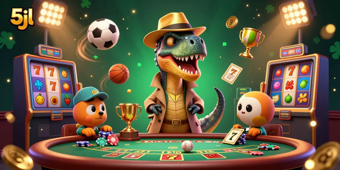 Experience thrilling gaming with 5jl as a velociraptor card counter interacts at the blackjack table in a vibrant 3D scene.