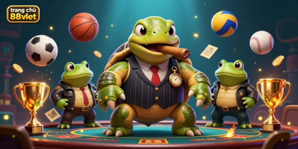 Engage with the vibrant scene of trang chủ 88vbet featuring a turtle mobster and bullfrog enforcers amidst dynamic sports elements.