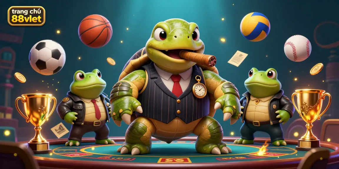 Engage with the vibrant scene of trang chủ 88vbet featuring a turtle mobster and bullfrog enforcers amidst dynamic sports elements.