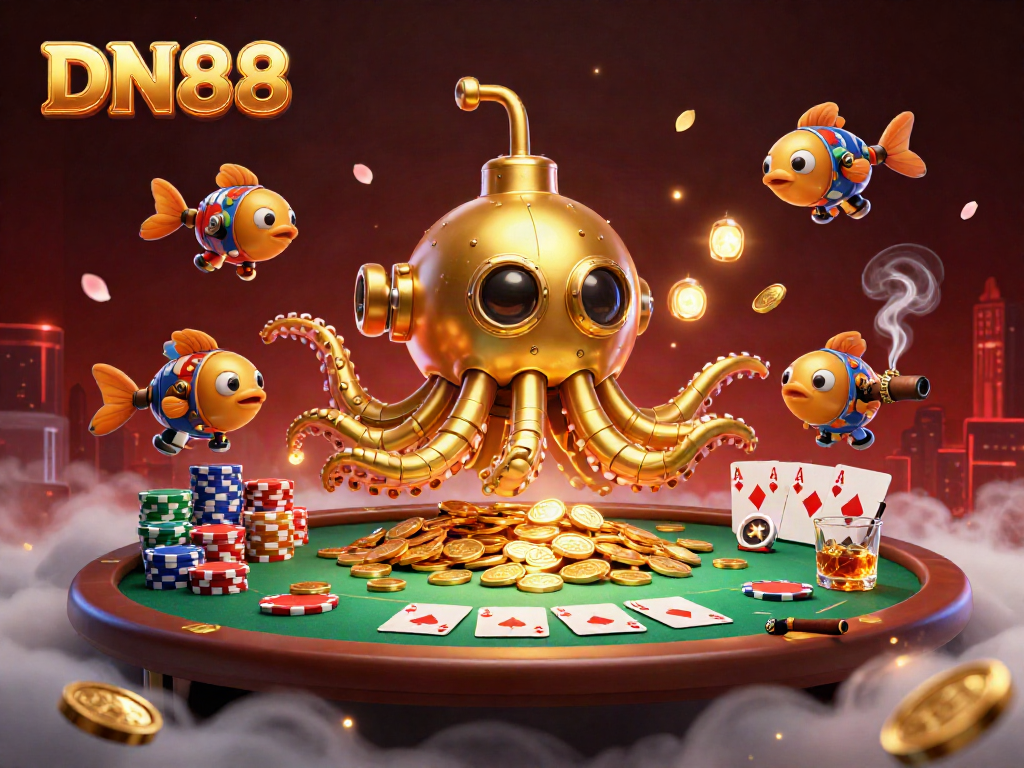 Engage in exhilarating poker action with DN88's vibrant casino scene featuring a golden kraken and mechanical fish.