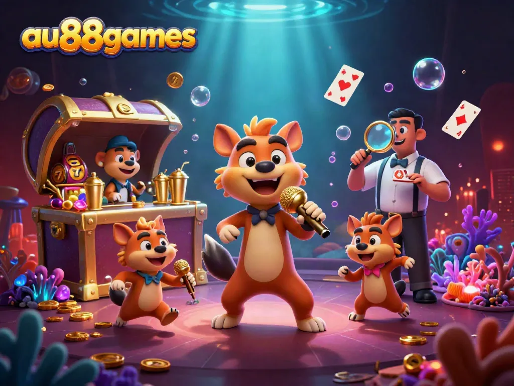 Experience the vibrant world of au88games with lively casino-themed characters illustrating gaming excitement.