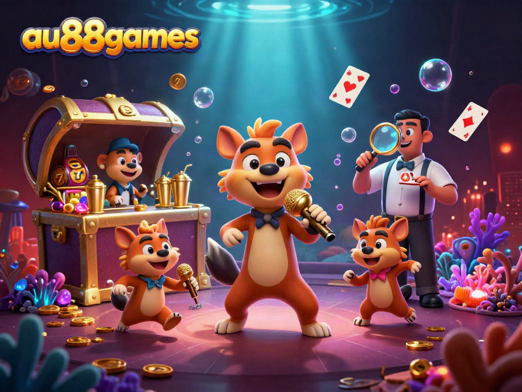 Experience the vibrant world of au88games with lively casino-themed characters illustrating gaming excitement.