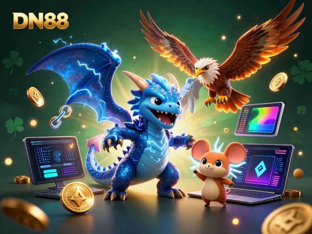 Engage with thrilling DN88 gaming scenes featuring lightning dragon, wind hawk, and crypto elements.
